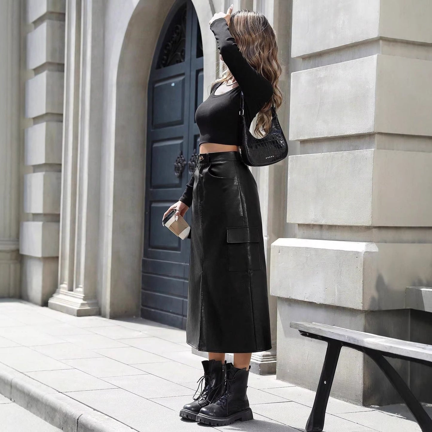 Damen Midirock Kunstleder Taschen Elegant