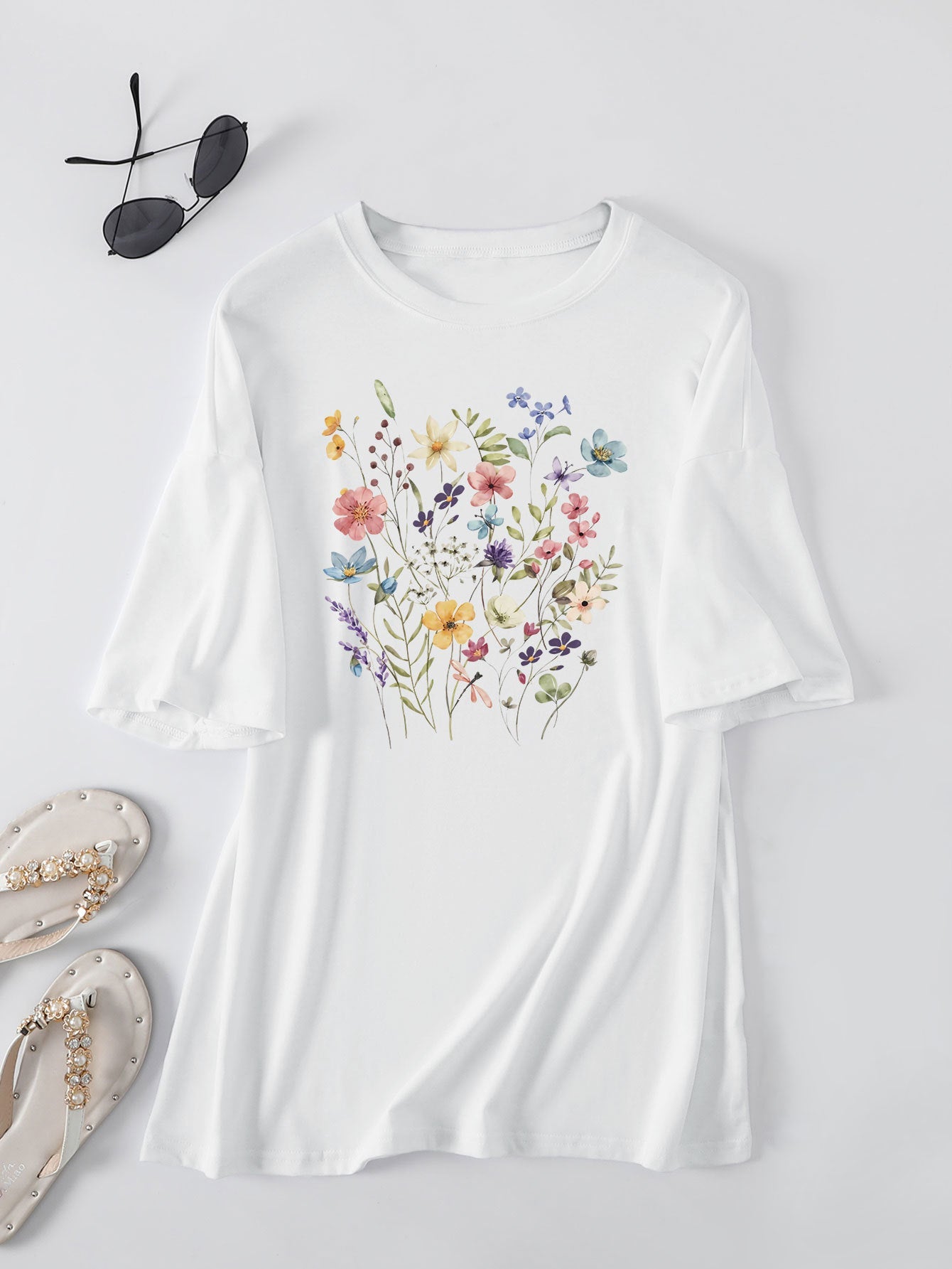 Damen Sommerbluse Floralmuster Baumwolle Blumenweiß