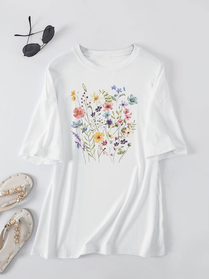 Damen Sommerbluse Floralmuster Baumwolle Blumenweiß