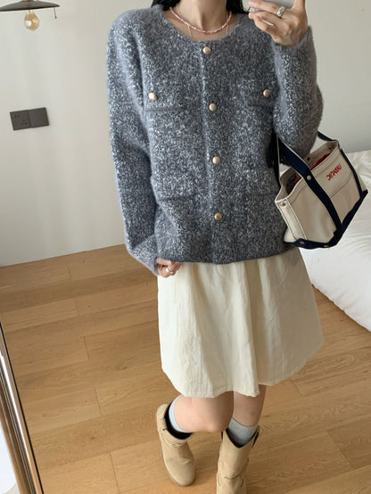 Damen Strickjacke Kuschelig mit Knöpfen und Taschen Beige