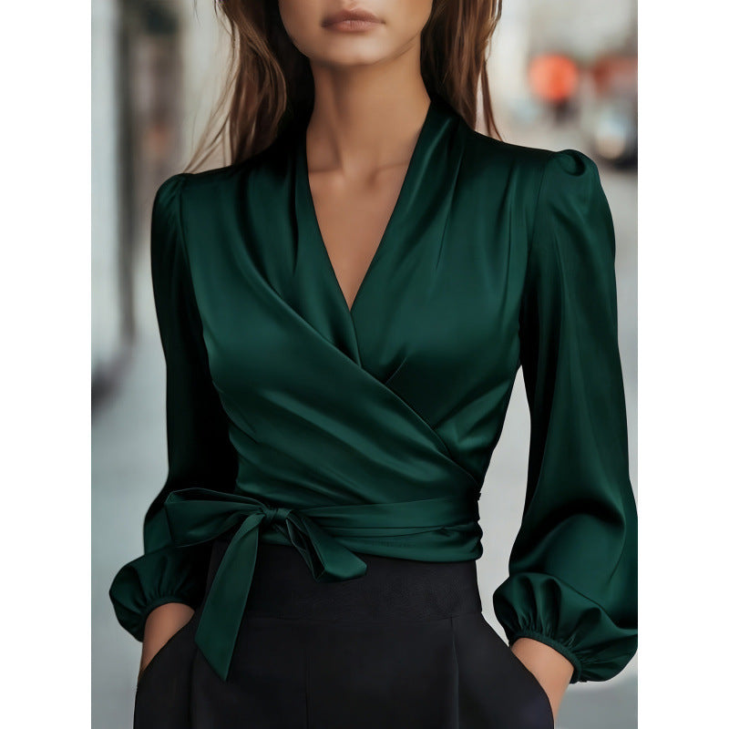 Damen Wickelbluse Satin Puffärmel Norvielle