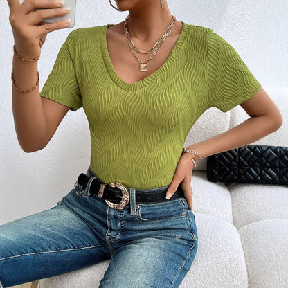 Damen Kurzarmshirt V-Ausschnitt Rippstruktur Norvielle