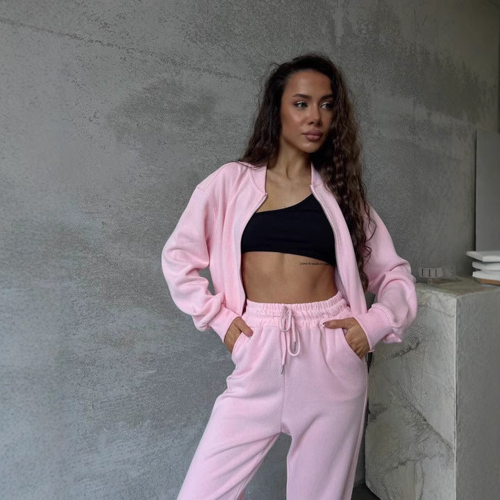 Damen Fleece Jogginganzug Hoher Kragen Eingrifftaschen