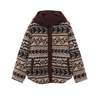 Damen Cardigan Kapuze Kuschelfleece Muster