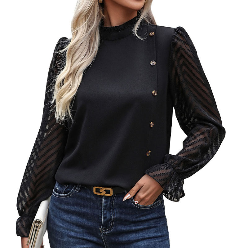 Damen Blusenshirt transparente Ärmel Knöpfe Norvielle