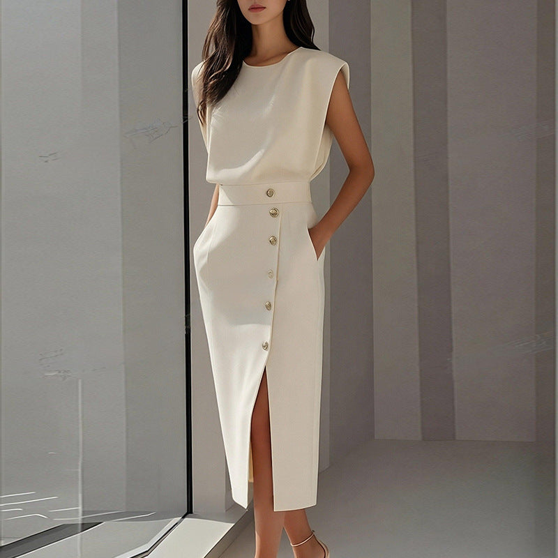 Damen Elegantes Midi-Kleid mit Knöpfen und Seitenschlitz Norvielle