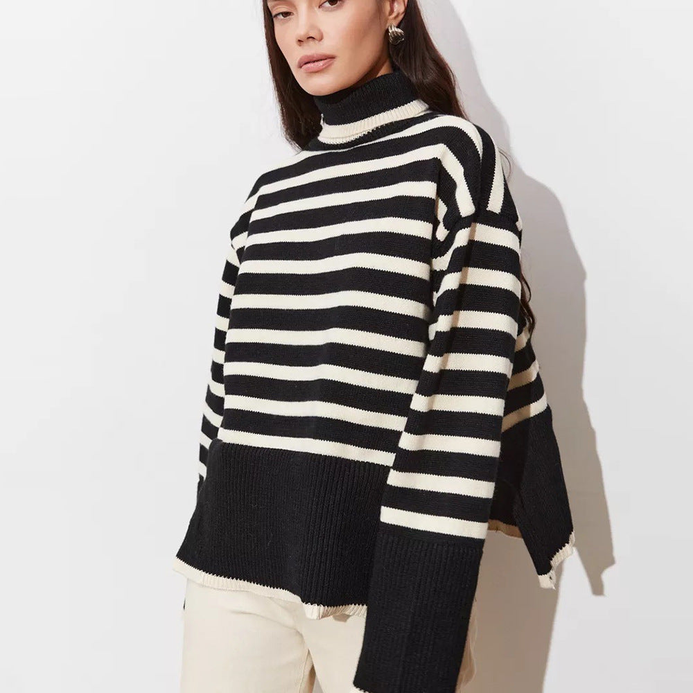 Damen Pullover Grob gestrickt Breton Streifen Hochkragen Beige
