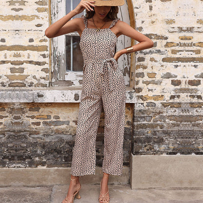Damen Jumpsuit Feinpunktmuster Taillengürtel Schwarz Norvielle - Norvielle