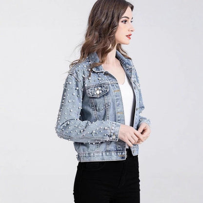 Damen Denimjacke Perlenverzierungen Blau - Norvielle