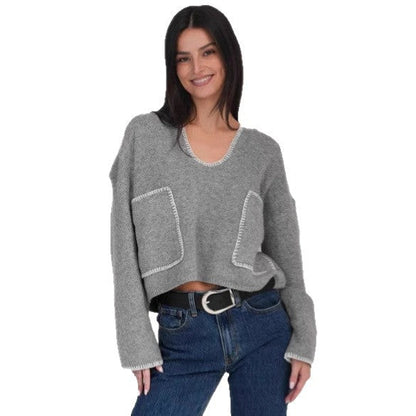 Damen Cropped Pullover Asymmetrisch mit Taschen Norvielle