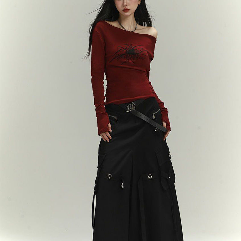Damen Langarmshirt Asymmetrischer Ausschnitt Grafikdruck