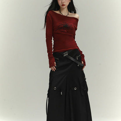 Damen Langarmshirt Asymmetrischer Ausschnitt Grafikdruck
