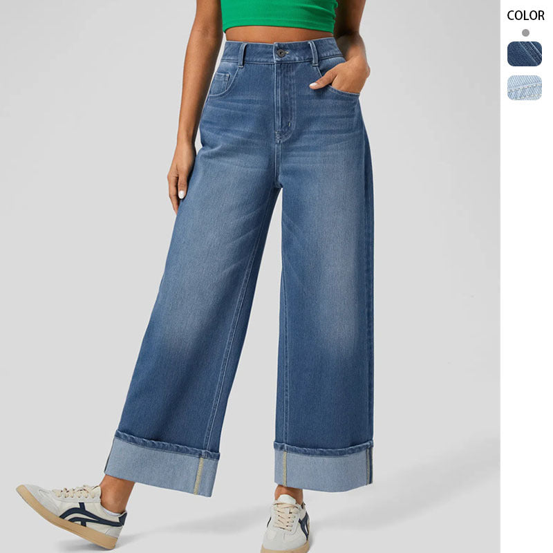 Damen Weite Denim-Hose Umschlag-Saum Blau - Norvielle