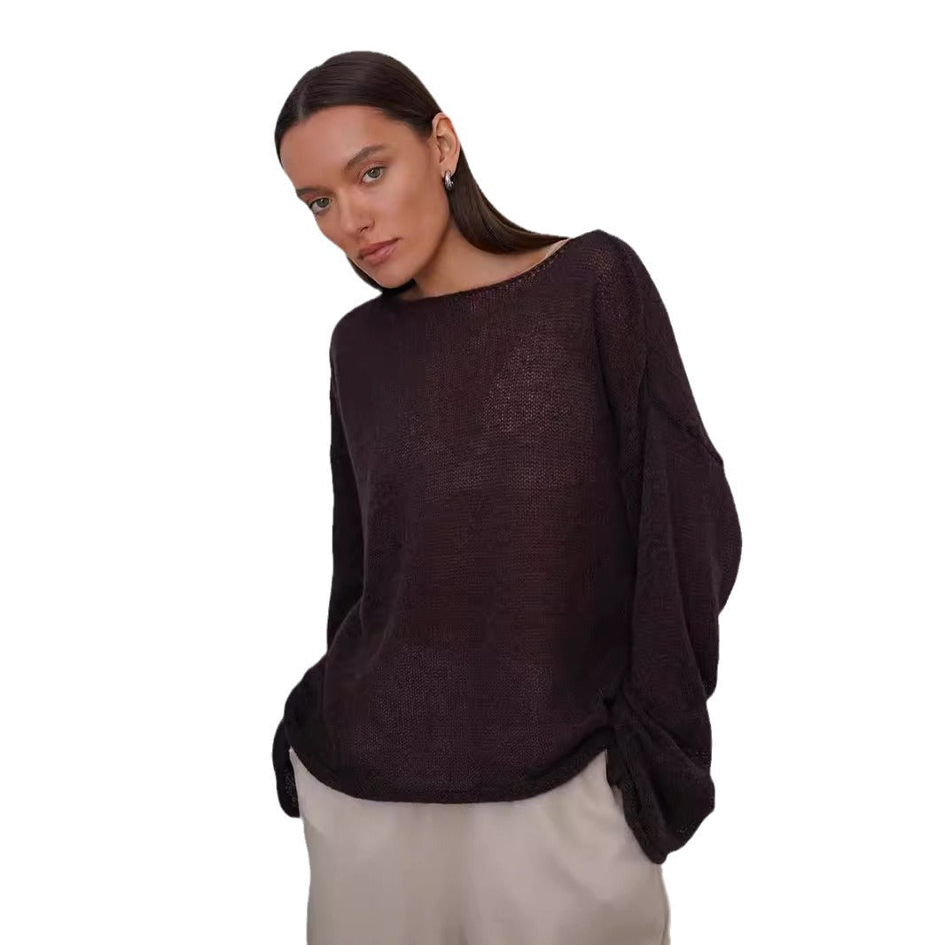 Damen Pullover Lässig Weite Ärmel Feines Lochstrick Beige
