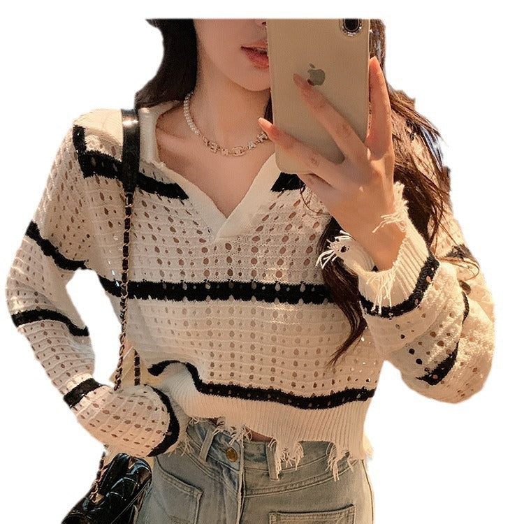 Damen Strickpullover Luftig Netzdesign Streifenmuster Beige