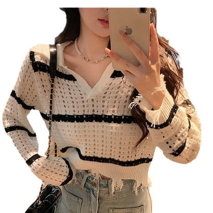 Damen Strickpullover Luftig Netzdesign Streifenmuster Beige