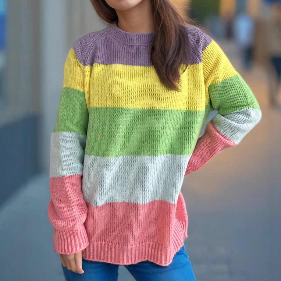 Damen Strickpullover Gestreift Bunt Lässiger Schnitt