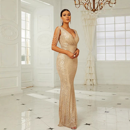Damen Abendkleid mit Pailletten Schulterfrei