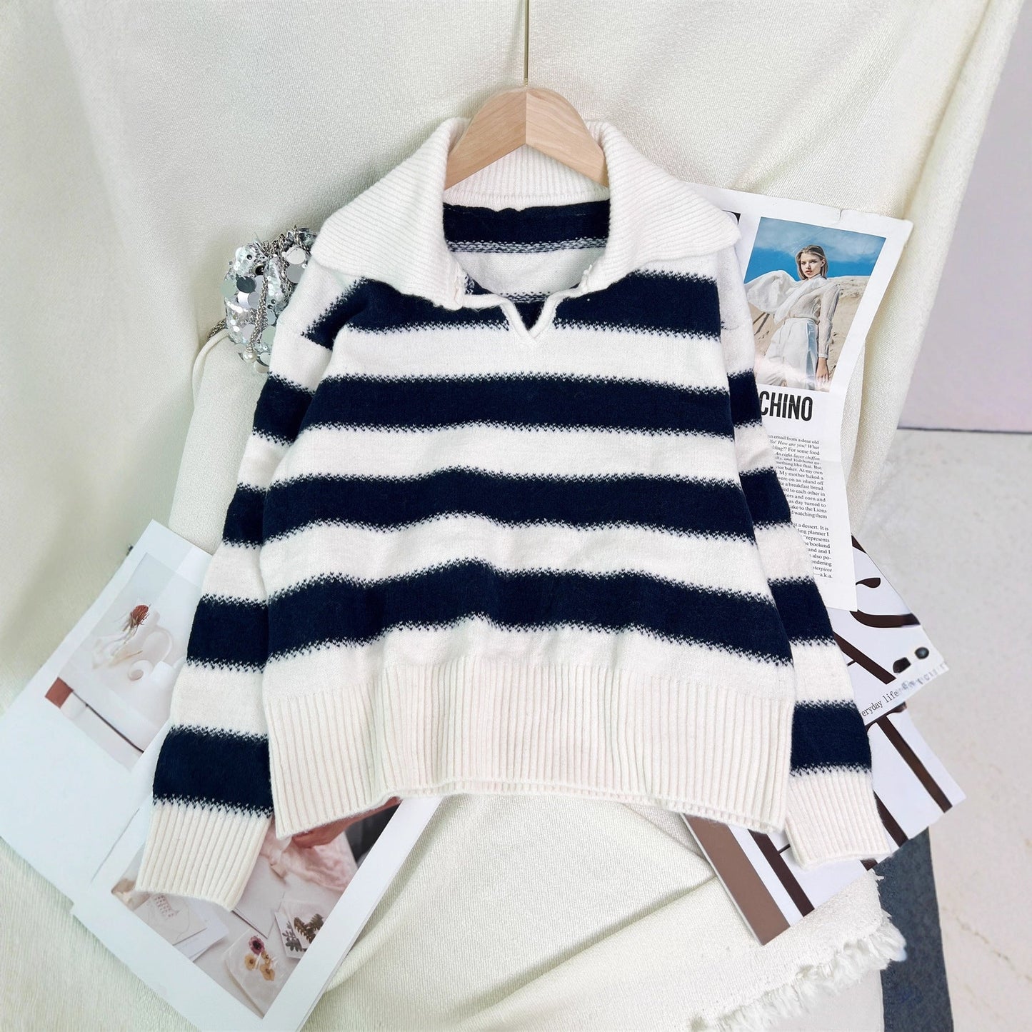 Damen Pullover Gestreift Elastischer Bund Beige