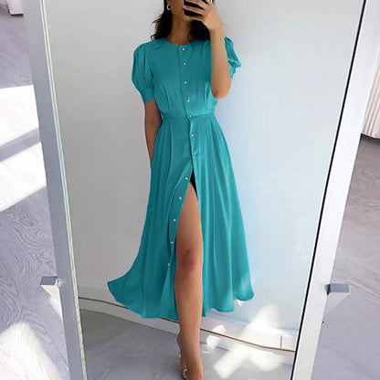 Damen Hemdblusenkleid Knielang mit Knöpfen und Schlitz