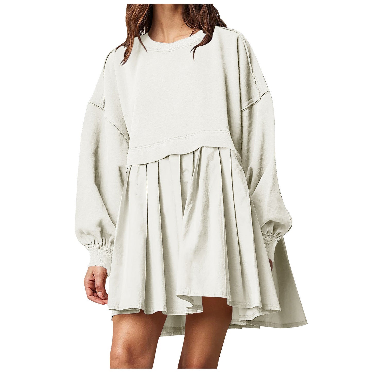 Damen Oversized Sweatshirt Kleid Plissee-Rock Rundhals