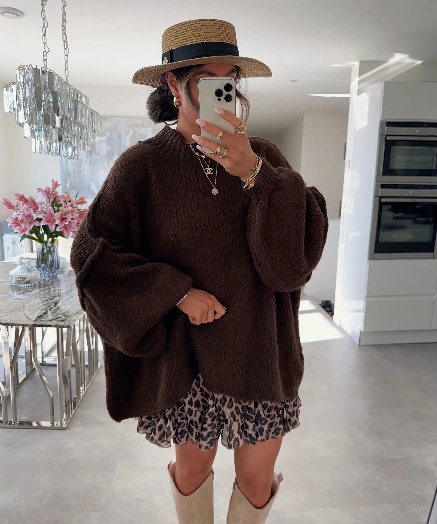 Damen Oversized Strickpullover Hochkragen Ballonärmel