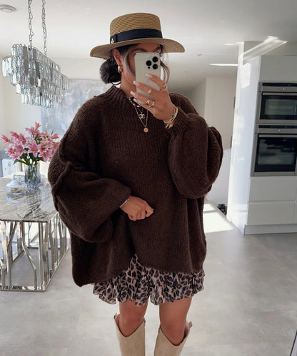 Damen Oversized Strickpullover Hochkragen Ballonärmel