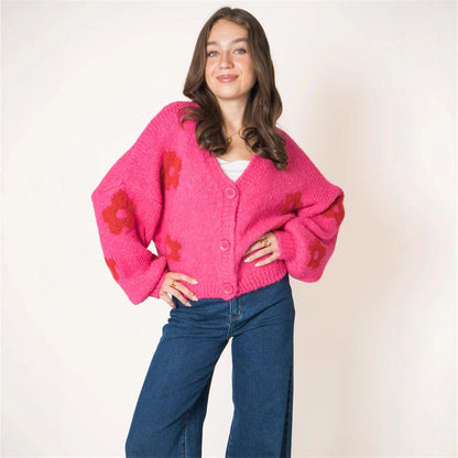 Damen Strickjacke Florales Muster Voluminöse Ärmel