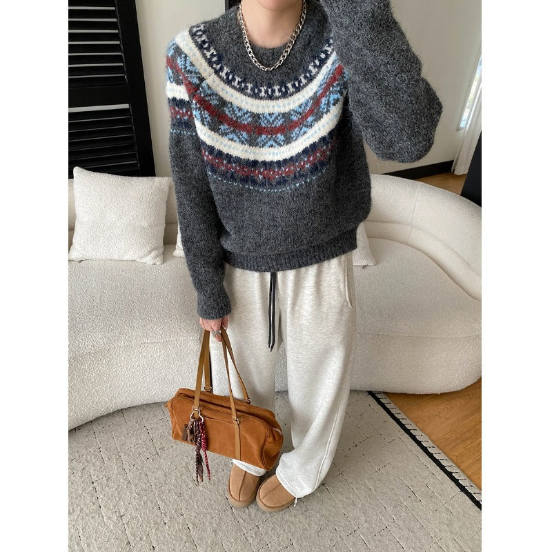 Damen Grobstrickpullover Lebendiges Muster Weite Ärmel Norvielle