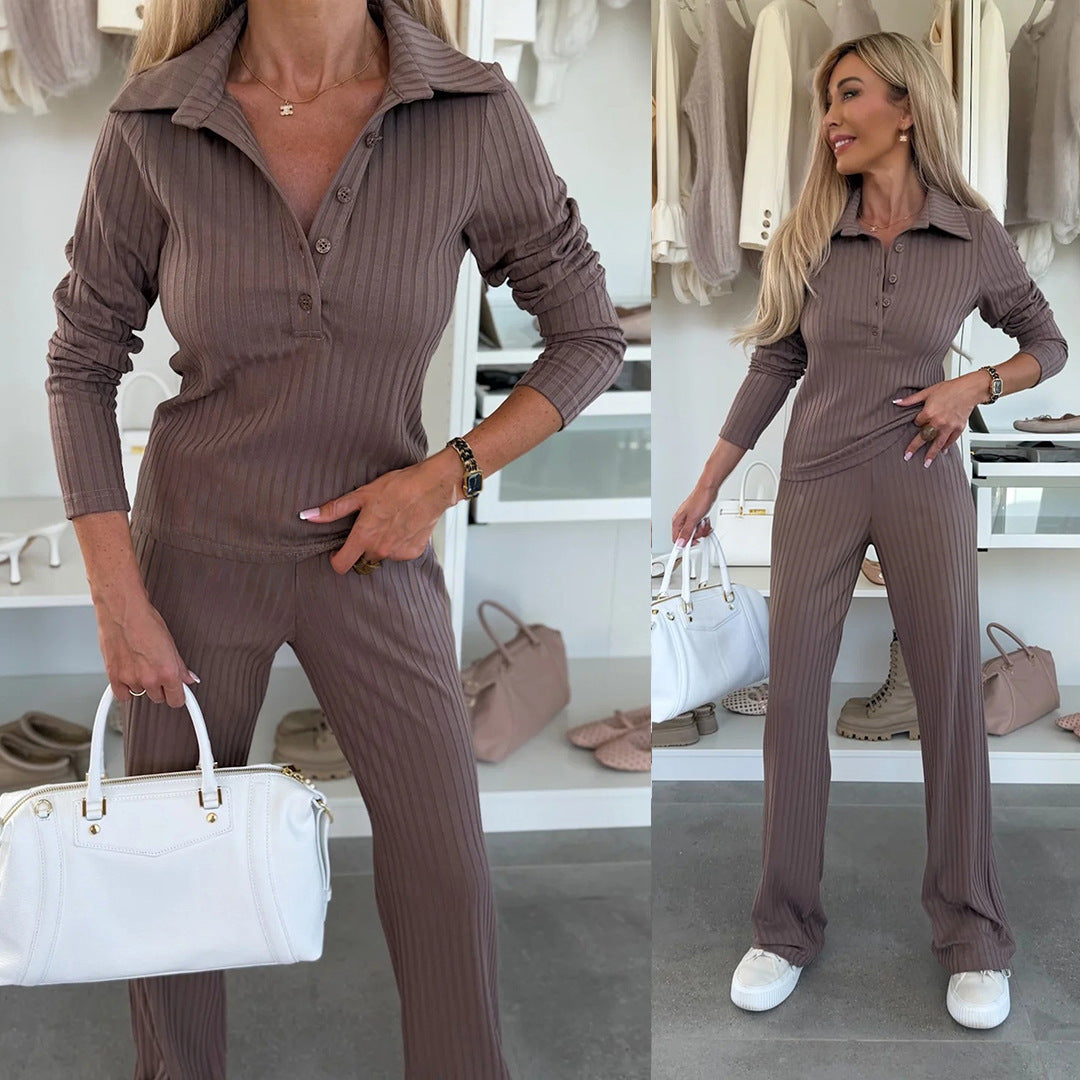 Damen Strickanzug Polo Kragen Elastisch Beige