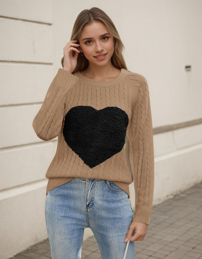 Damen Strickpullover Herz-Applikation Luftige Maschenstruktur