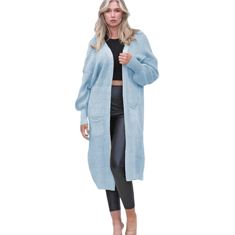 Damen Grobstrick Cardigan Offene Taschen Lässig Beige