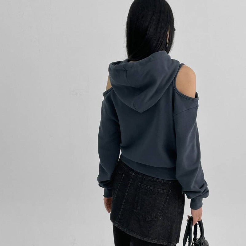 Damen Cropped Kapuzenpullover Cut-Out-Ärmel Norvielle