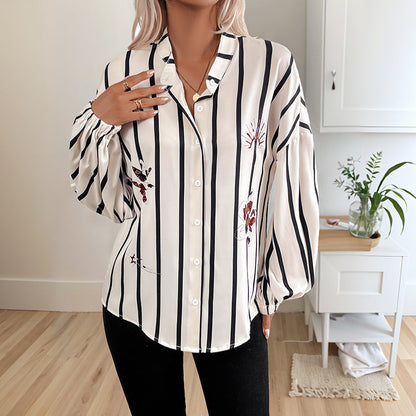 Damen Bluse Gestreift Puffärmel Elegante Stickerei