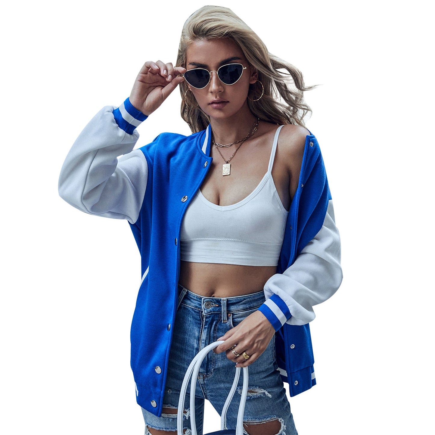 Damen Baseballjacke Kontrastärmel Druckknopfverschluss Norvielle