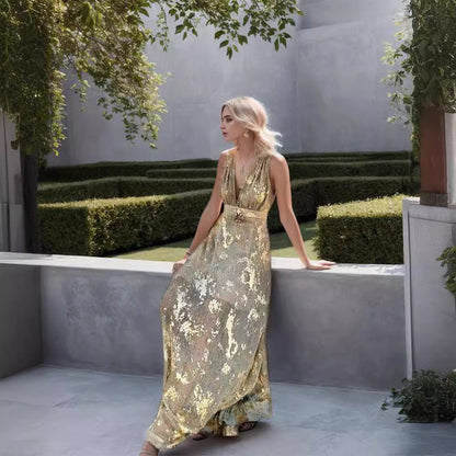 Damen Maxi-Kleid Hippie-Stil V-Ausschnitt Gold Blütenmuster