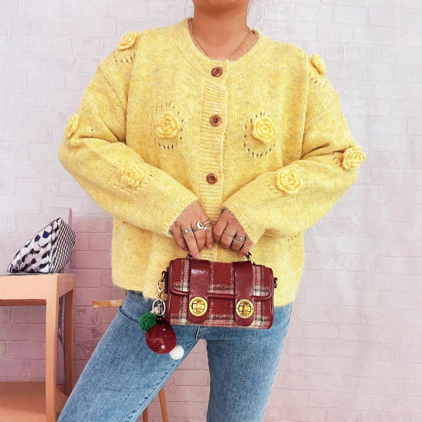 Damen Strickjacke mit Floralmuster und Knöpfen Norvielle