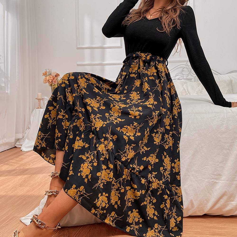 Damen Maxikleid mit tiefem V-Ausschnitt und floralem Rock