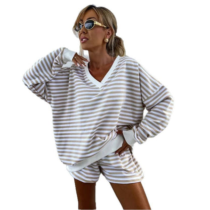 Damen Loungewear Set Streifen Weites Oberteil Shorts Norvielle