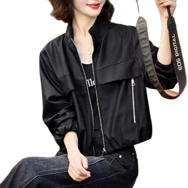 Damen Lederjacke Mit Hochem Kragen