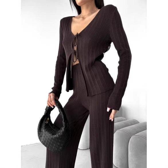 Damen Strick-Set V-Ausschnitt Kordelzug Norvielle - Norvielle