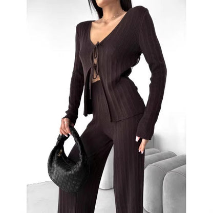 Damen Strick-Set V-Ausschnitt Kordelzug Norvielle - Norvielle