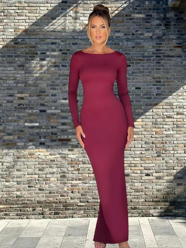 Damen Maxikleid Langarm Elegantes V-Ausschnitt