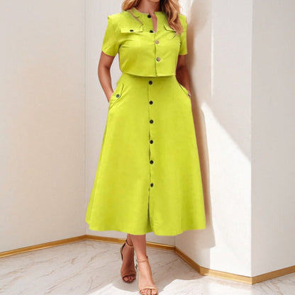 Damen Midi Kleid Knöpfbarem Oberteil Taillierter Silhouette