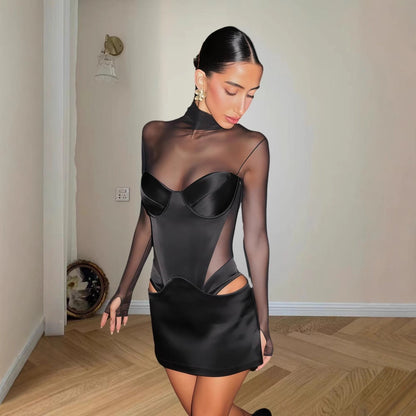Damen Kleid Figurbetonter Stil Transparente Einsätze Rautenförmige