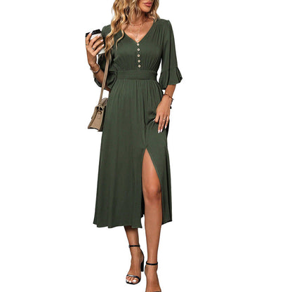 Damen Maxikleid V-Ausschnitt Seitenschlitz Knopfdetails Norvielle