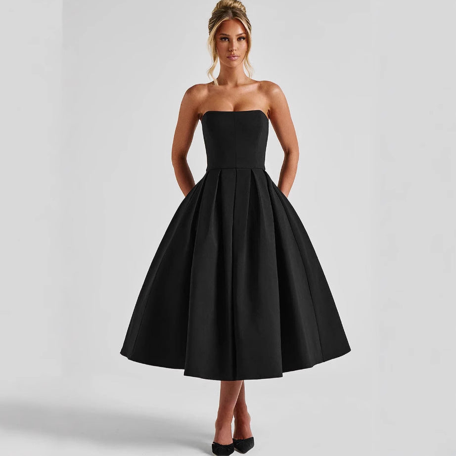 Damen Abendkleid A-Linie tief ausgeschnitten mit Plissee