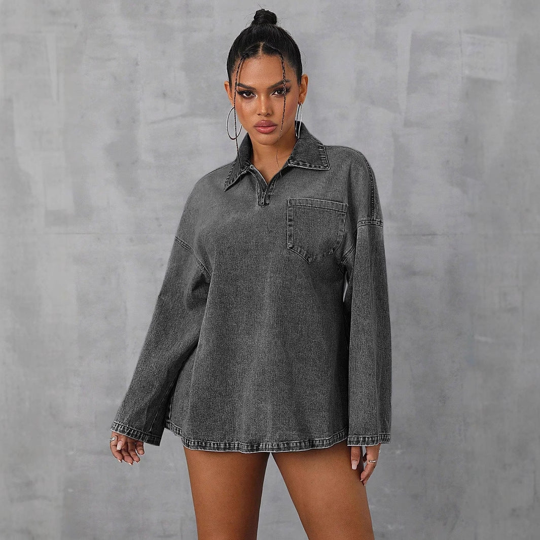 Damen Oversized Denimbluse Lässiger Kragen Blau - Norvielle