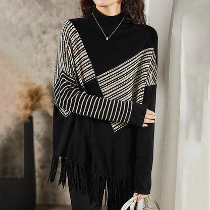 Damen Oversized Pullover Grafisches Streifenmuster Mit Fransen