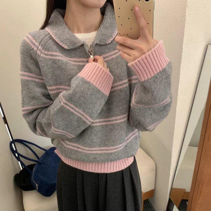 Damen Strickpullover Halbreißverschluss Gestreift Norvielle